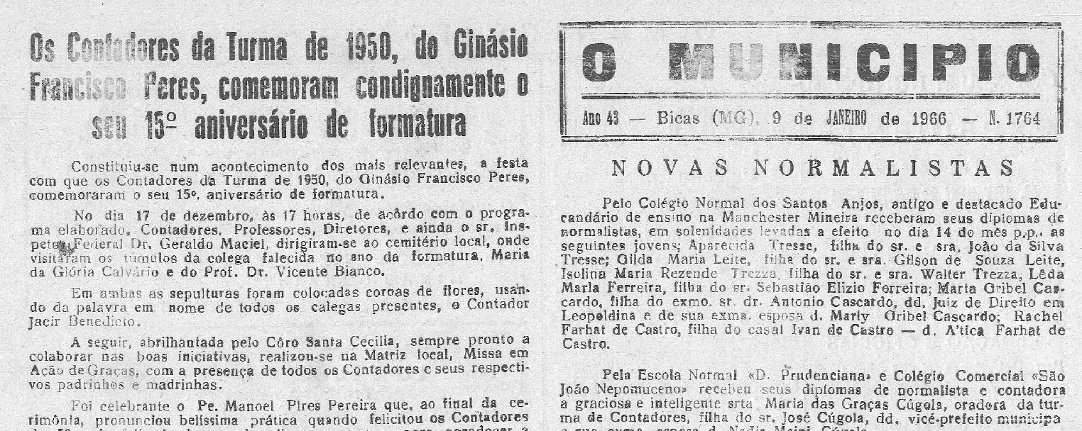 Leia mais sobre o artigo Há 60 anos, em 09/01/1966, O MUNICÍPIO publicava: Contadores da Turma de 1950 comemoram / Novas normalistas / Formaturas / Nascimentos / Casamentos