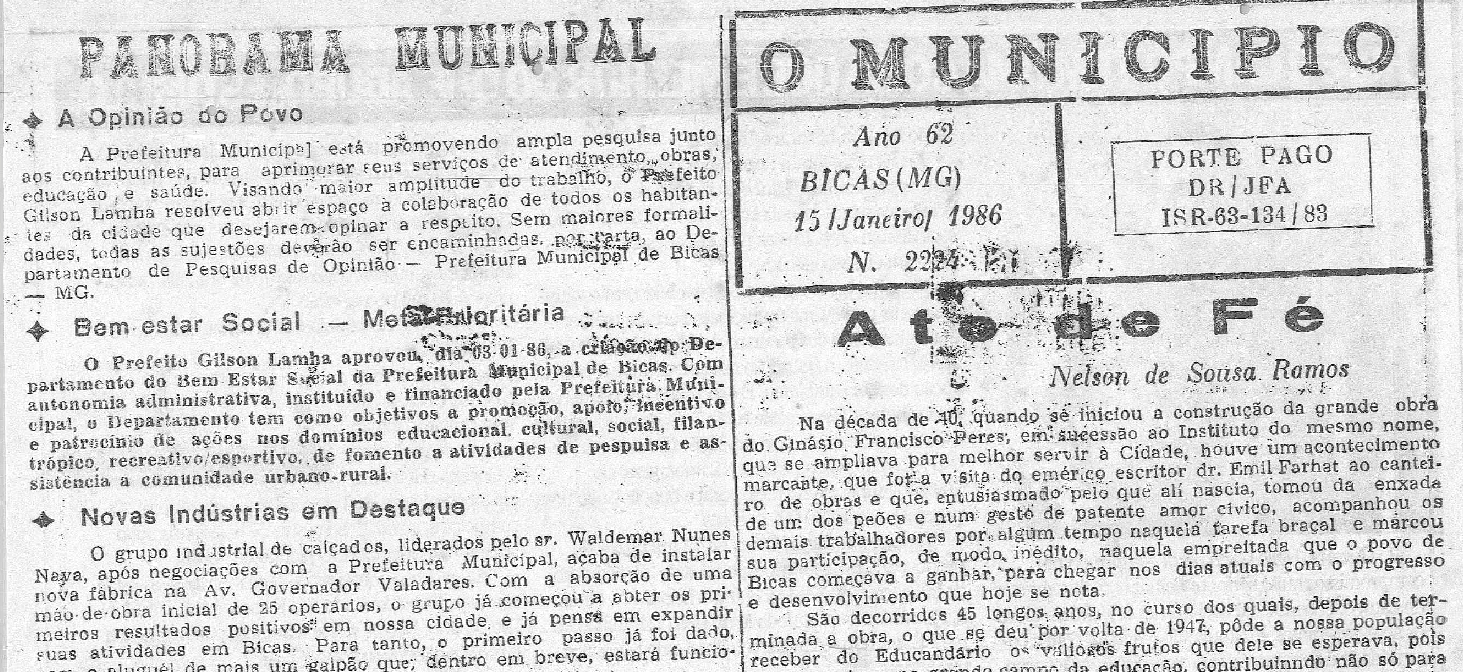 Leia mais sobre o artigo Há 40 anos, em 15/01/1986, O MUNICÍPIO publicava: Panorama Municipal / Ato de fé / Formaturas A. E. Sousa Ramos / Bodas de Ouro / Doadores do Instituto Dona Selva