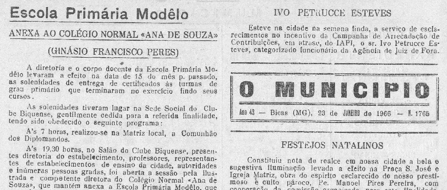 Leia mais sobre o artigo Há 60 anos, em 23/01/1966, O MUNICÍPIO publicava: Escola primária Modelo / Festejos natalinos / Biquenses vitoriosos em concurso / Ai de ti, Copacabana! (Serzedelo) / Aposentadorias / Festival do Juvenil do Leopoldina