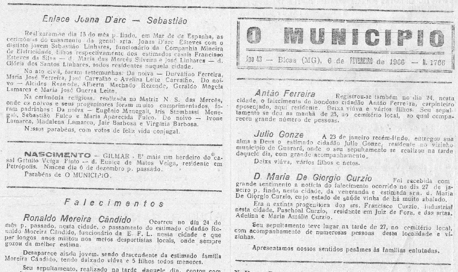 Leia mais sobre o artigo Há 60 anos, em 06/02/1966, O MUNICÍPIO publicava: Governador Dr. Israel Pinheiro / Novo Secretariado Mineiro / Sociais / Falecimentos