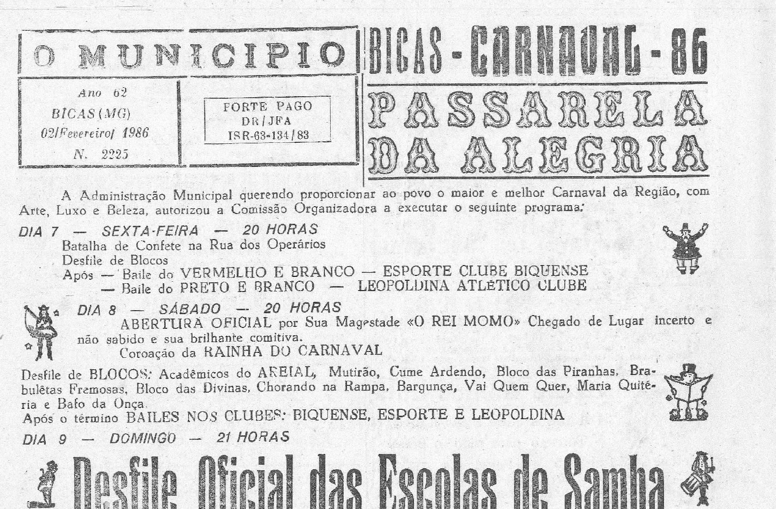Leia mais sobre o artigo Há 40 anos, em 02/02/1986, O MUNICÍPIO publicava: Programação do Carnaval / Calçados Almirante S/A encerra suas atividades / Formaturas