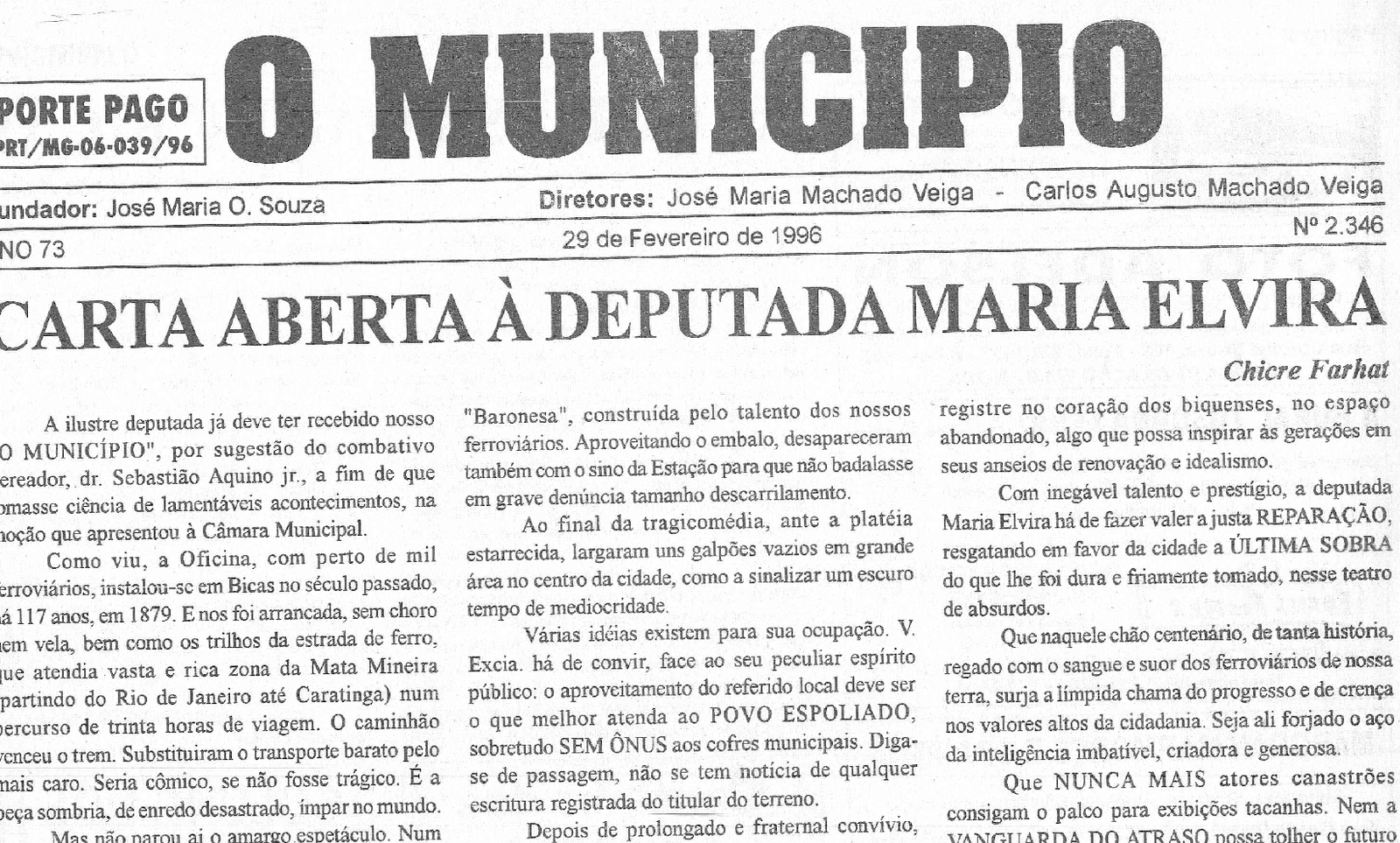 Leia mais sobre o artigo Há 30 anos, em 29/02/1996, O MUNICÍPIO publicava: Crônicas em homenagem a José Maria Veiga / Pequeri em Foco / Sociais: Carnaval , Vestibulandos,  Fama campeão de Futsal
