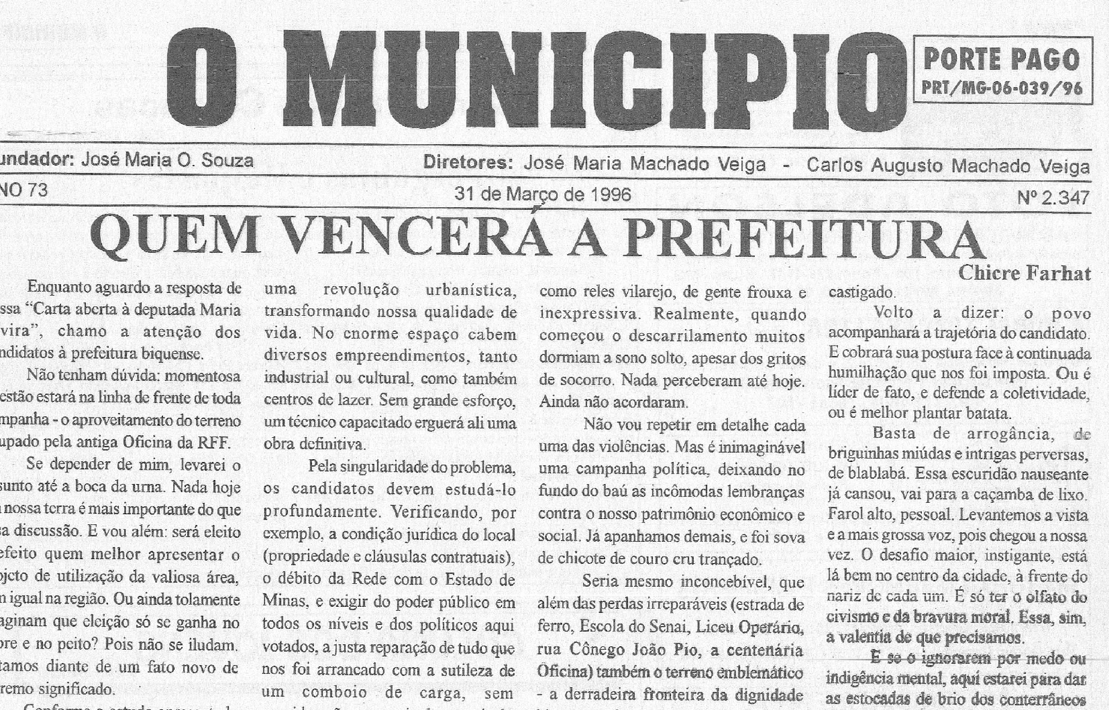 Leia mais sobre o artigo Há 30 anos, em 31/03/1996, O MUNICÍPIO publicava: Crônicas de Chicre Farhat, Nelson Ramos e Walter Lhamas / Nossa Sobrevivência / Sociais
