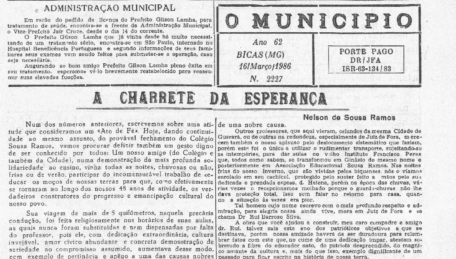 Leia mais sobre o artigo Há 40 anos, em 16/03/1986, O MUNICÍPIO publicava: Ecos do Carnaval / Administração municipal / A charrete da Esperança / Roque Santeiro em Bicas