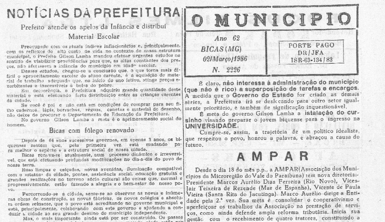 Leia mais sobre o artigo Há 40 anos, em 02/03/1996, O MUNICÍPIO publicava: Notícias da prefeitura / AMPAR / Prof. Urly Alves Barreto
