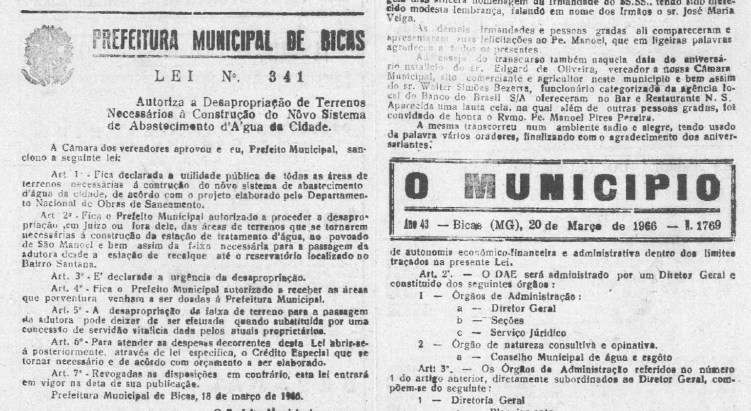 Leia mais sobre o artigo Há 60 anos, em 20/03/1966, O MUNICÍPIO publicava: Honra ao Mérito: Vestibulandos / Reunião da Câmara de Bicas / Prefeitura cria o Departamento de Águas e Esgoto DAE / Padre Manoel Pires Pereira