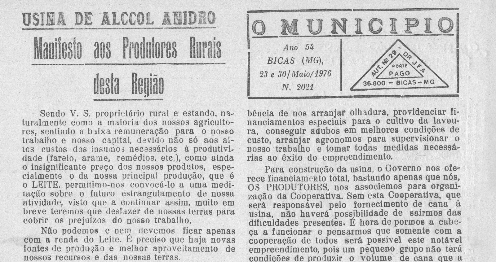 Leia mais sobre o artigo Há 50 anos, em 23/05/1976 O MUNICÍPIO publicava: Usina de Álcool Anidro – A COPASA em Bicas – Editais de casamento