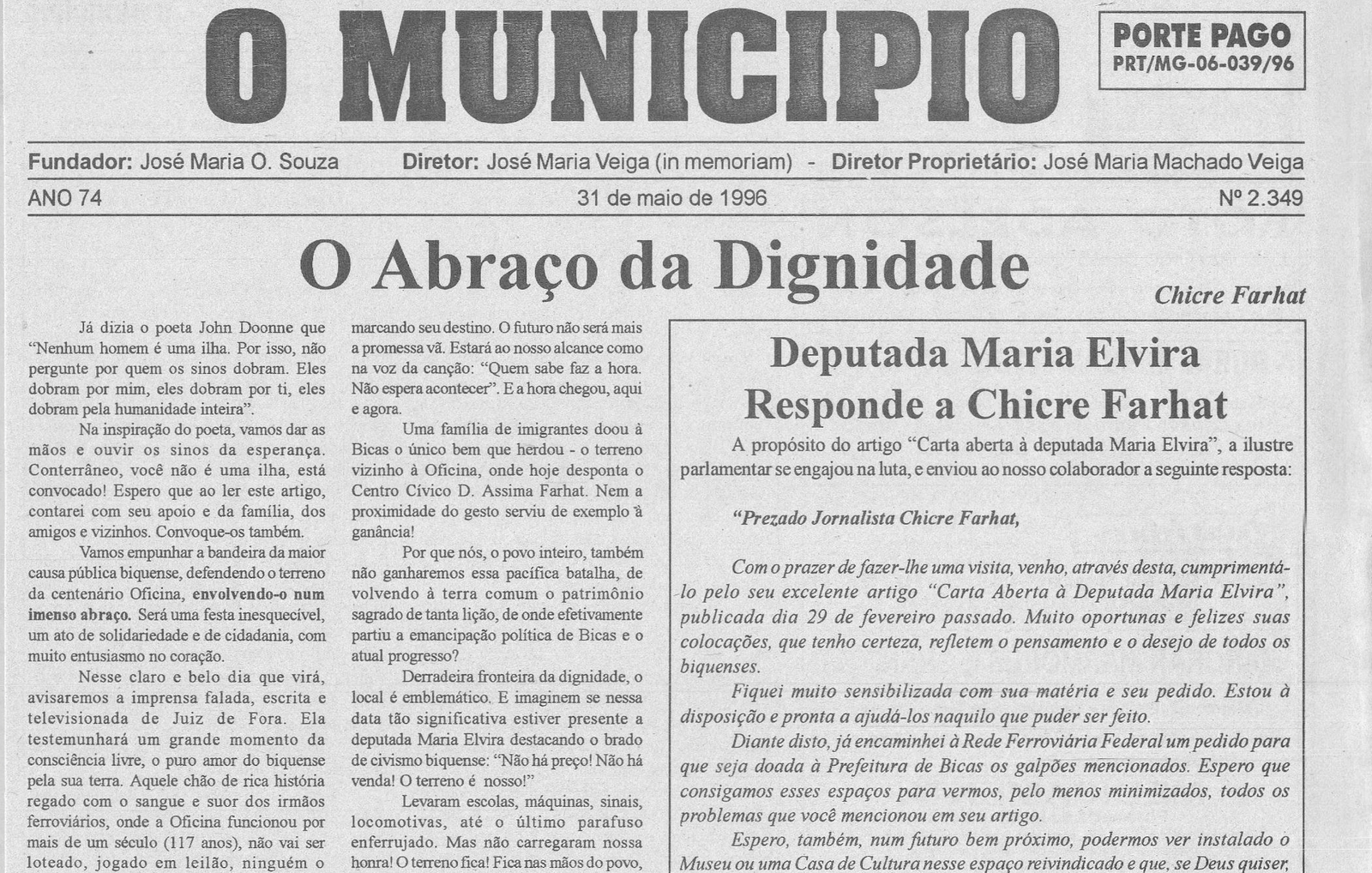 Leia mais sobre o artigo Há 30 anos, em 31/05/1996 O MUNICÍPIO publicava: Crônicas de Chicre Farhat, Nelson Ramos, Júlio Vanni e Frank Granado_Recordar é Viver_Em Foco_Centro Comercial José Maria Veiga_Há 50 anos_Sociais