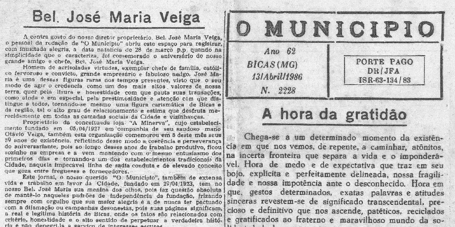 Leia mais sobre o artigo HÁ 40 ANOS –   EM 13/04/1986 O MUNICÍPIO PUBLICAVA: Bel. José Maria Veiga; Prefeito Gilson Lamha licenciado, assume o vice Jair Croce; Hora da gratidão; E. E. Dep. Oliveira Souza; Aniversariantes; Clube Biquense