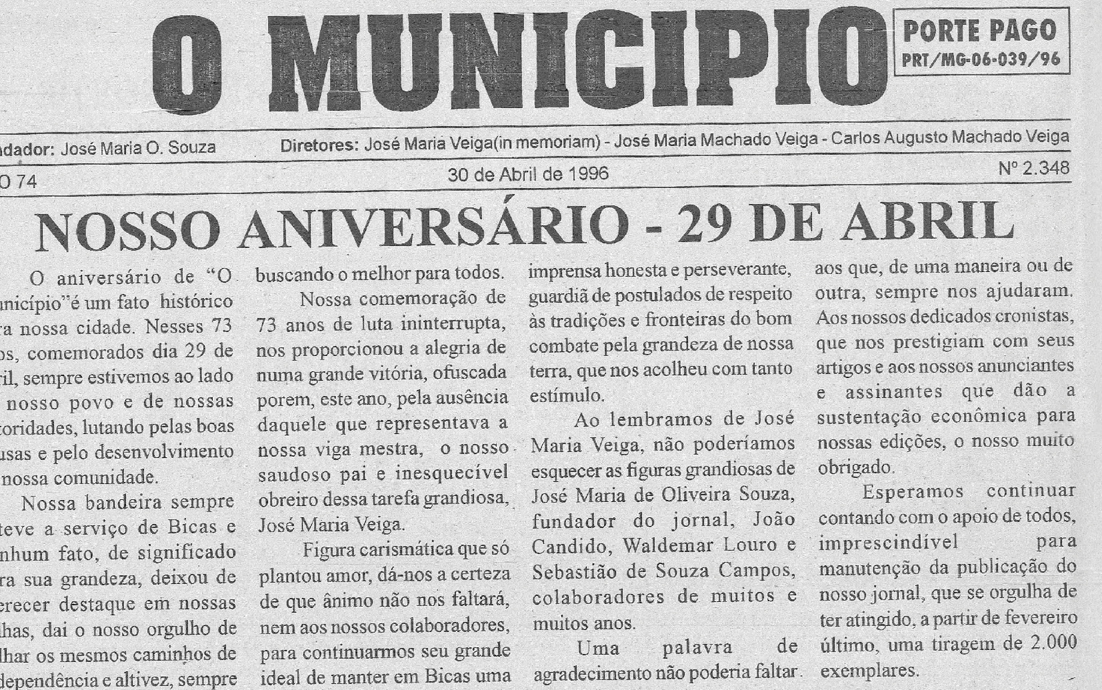 Leia mais sobre o artigo Há 30 anos, em 30/04/1996, O MUNICÍPIO publicava: Nosso Aniversário, Crônicas de Chicre Farhat e Frank Granado, Nossa Sobrevivência, Triste acidente, Fama Apart Hotel e Honra ao Mérito