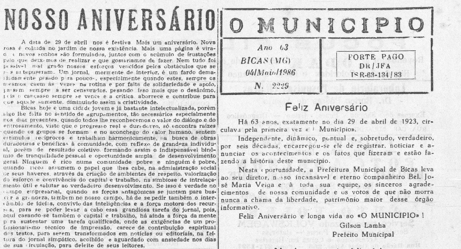 Leia mais sobre o artigo Há 40 anos, em 04/04/1986 O MUNICÍPIO PUBLICAVA: Nosso Aniversário; No Bronze da História (Chicre Farhat); Anjo da Guarda (Gilson Lamha); Partido Alto; Cidadão Biquense