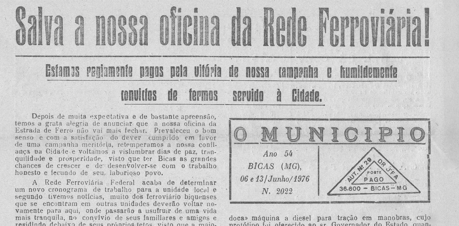 Leia mais sobre o artigo Há 50 anos, em 13/06/1976, O MUNICÍPIO publicava: Salva a nossa Oficina da RFFSA_Usina de Álcool Anidro_ACAR em Foco_Casamento: Maria das Dores e Paulo