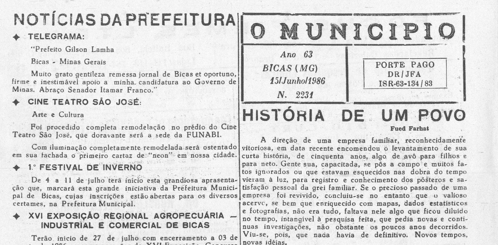 Leia mais sobre o artigo Há 40 anos, em 15/06/1986, O MUNICÍPIO publicava: Notícias da Prefeitura_História de uma Povo (Fued Farhat)_Casamentos_Falecimentos_Edital da Prefeitura de Maripá para construção do Clube