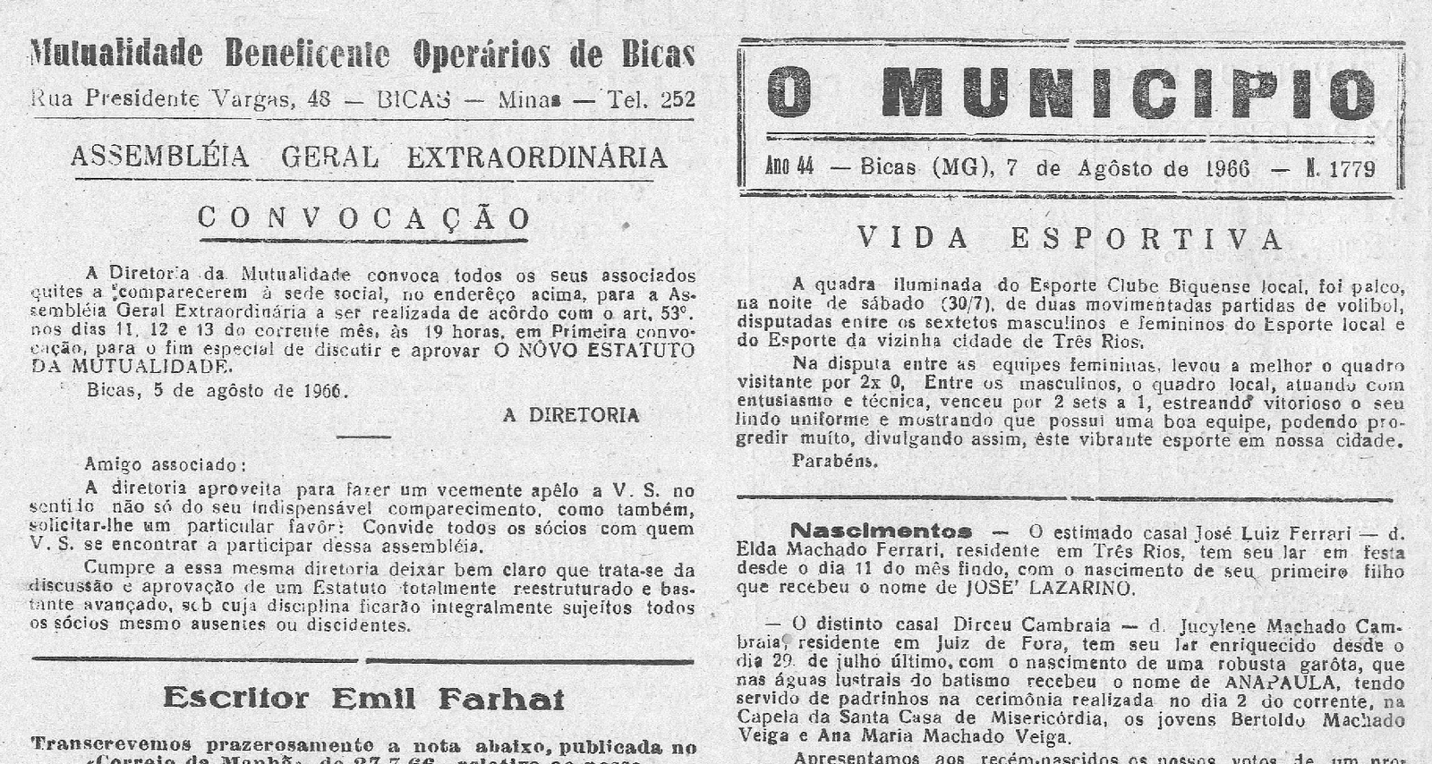 Leia mais sobre o artigo Há 60 anos, em 07/08/1966 O MUNICÍPIO publicava: Escritor Emil Farhat_Bodas de Ouro_Festa Real do Esporte_Vida Esportiva_Casamentos_Sociais