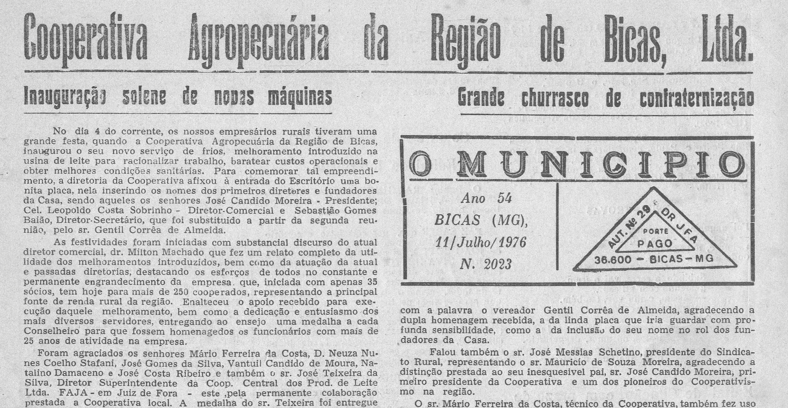 Leia mais sobre o artigo Há 50 anos, em 11/07/1976, O MUNICÍPIO publicava: Cooperativa Agropecuária de Bicas_Bodas de Ouro: Ivonilde-Olavo Clemente da Fonseca_Usina de Álcool Anidro