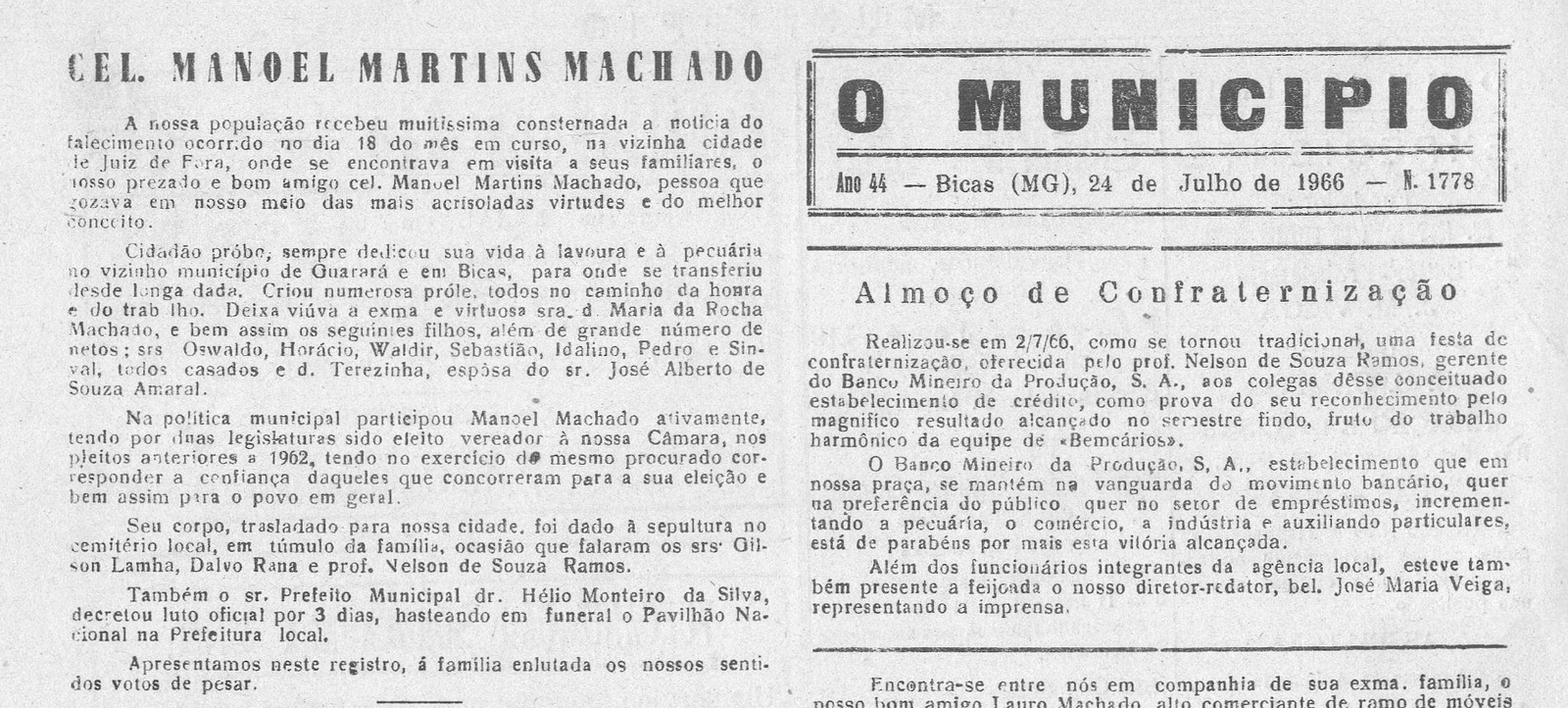 Leia mais sobre o artigo Há 60 anos, em 24/07/1966, O MUNICÍPIO publicava: Almoço de confraternização_Noivado_Casamentos_Falecimentos_Baile de Coroação da Rainha do Esporte C.B._Futebol