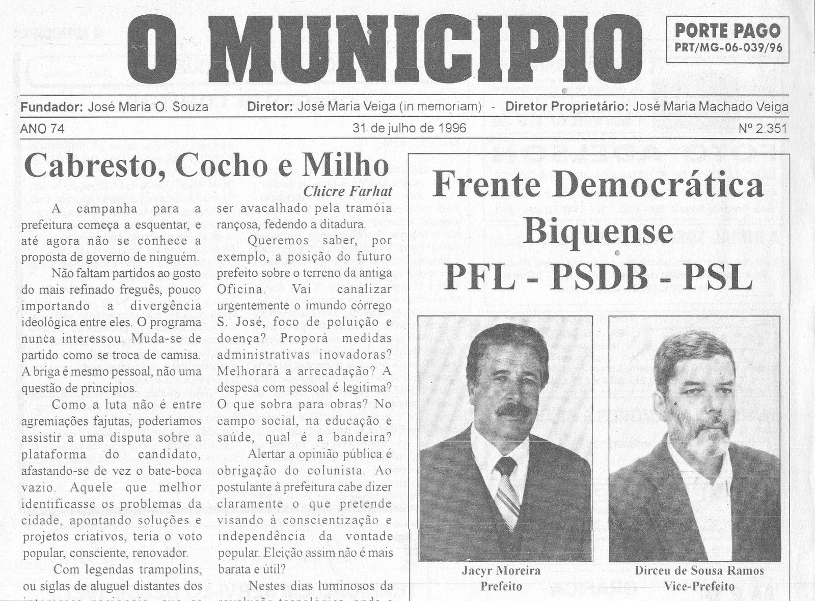 Leia mais sobre o artigo Há 30 anos, em 31/07/1996, O MUNICÍPIO publicava: Frente Democrática Biquense_Crônicas de Chicre Farhat, Nelson Ramos, Júlio Vanni e Frank Granado_Pequeri em Foco_Há 50 anos_Bodas de Ouro_Sociais