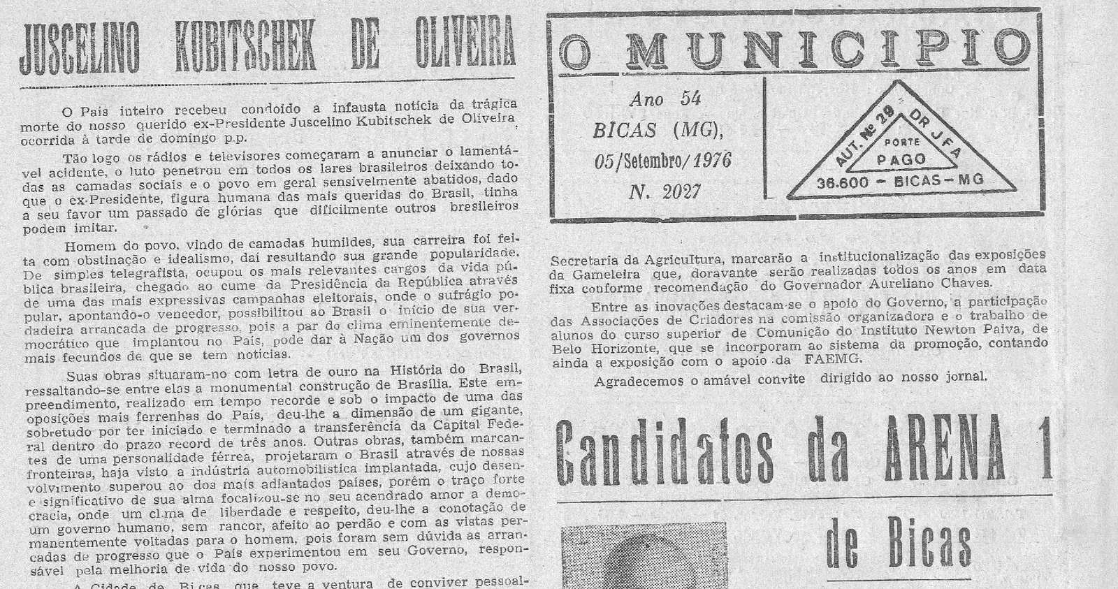 Leia mais sobre o artigo Há 50 anos, em 05/09/1976 O MUNICÍPIO publicava: Juscelino Kubitschek de Oliveira_Bicas ligada ao DDI_Noivado_Candidatos da ARENA I de Bicas_Candidatos da ARENA I e II em Maripá de Minas