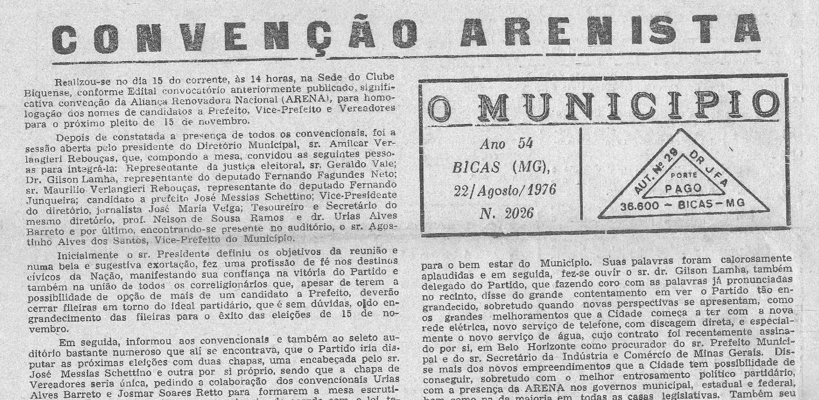 Leia mais sobre o artigo Há 50 anos, em 22/08/1976 O MUNICÍPIO publicava: Convenção Arenista_Água da COPASA para Bicas_Telemig: Bicas em DDD_Cine São José: Inferno na Torre