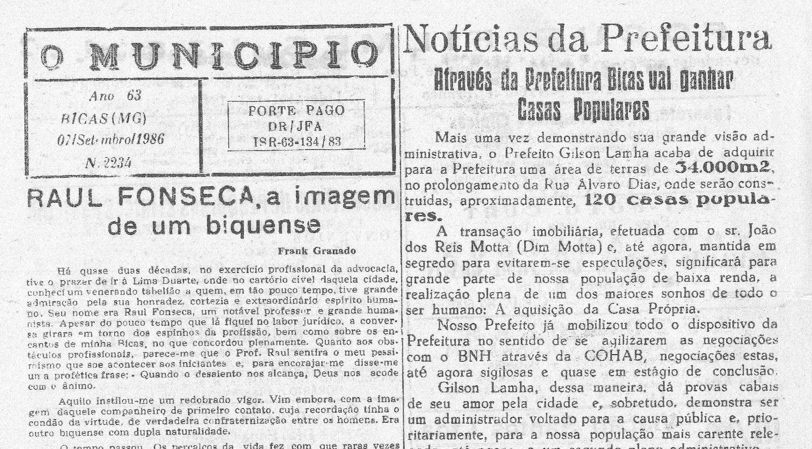 Leia mais sobre o artigo Há 40 anos, em  07/09/1986 O MUNICÍPIO publicava: Notícias da Prefeitura de Bicas_Jornalista Maria Angélica Rebouças Estiguer_Dra. Nair Pereira Moraes_Laudelino Schettino
