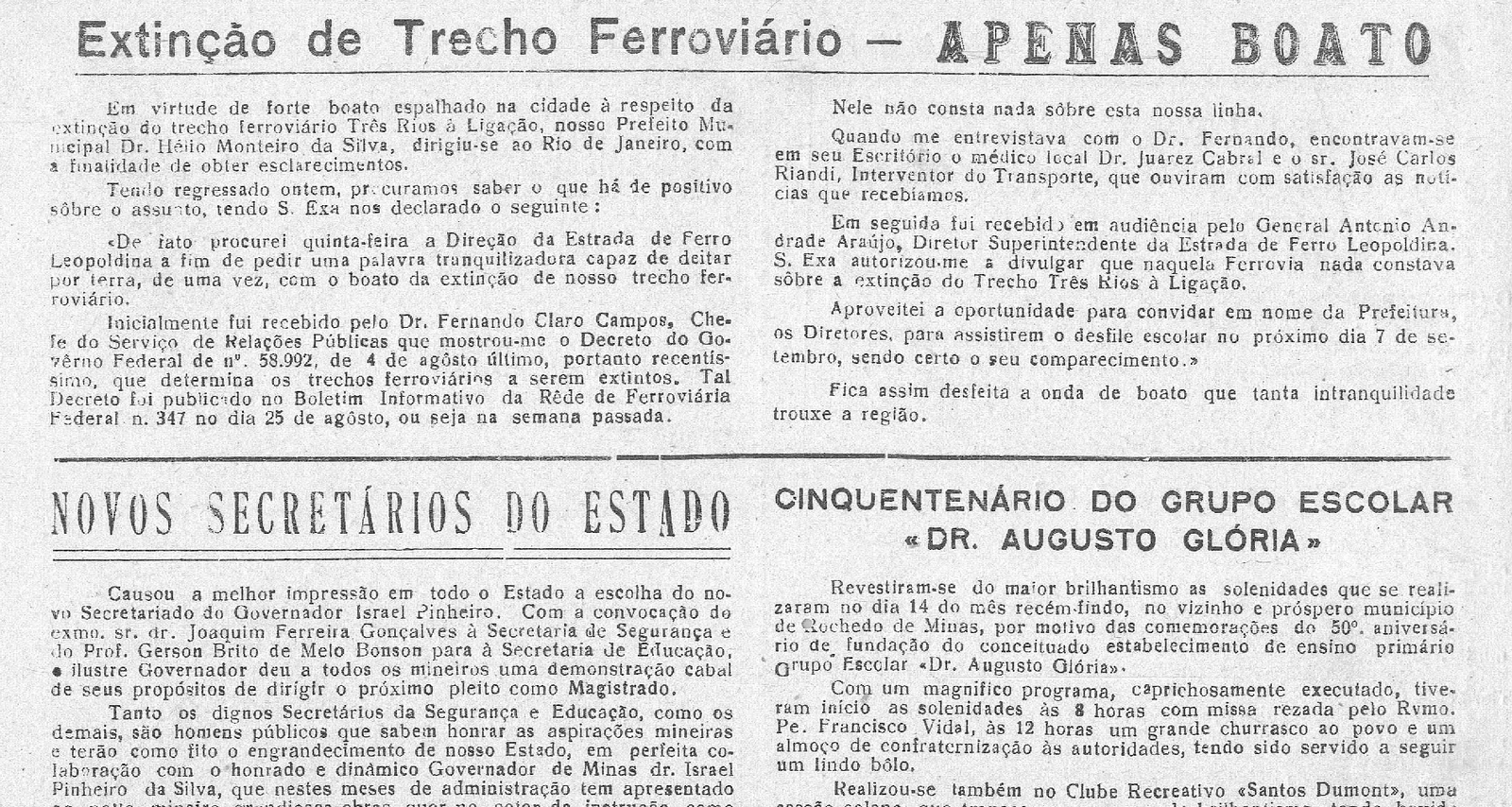 Leia mais sobre o artigo Há 60 anos, em 04/09/1966 O MUNICÍPIO publicava: Extinção do trecho ferroviário_Cinquentenário do G. E. Dr. Augusto Glória_Drogaria Dia e Noite_Barquinho_Sociais