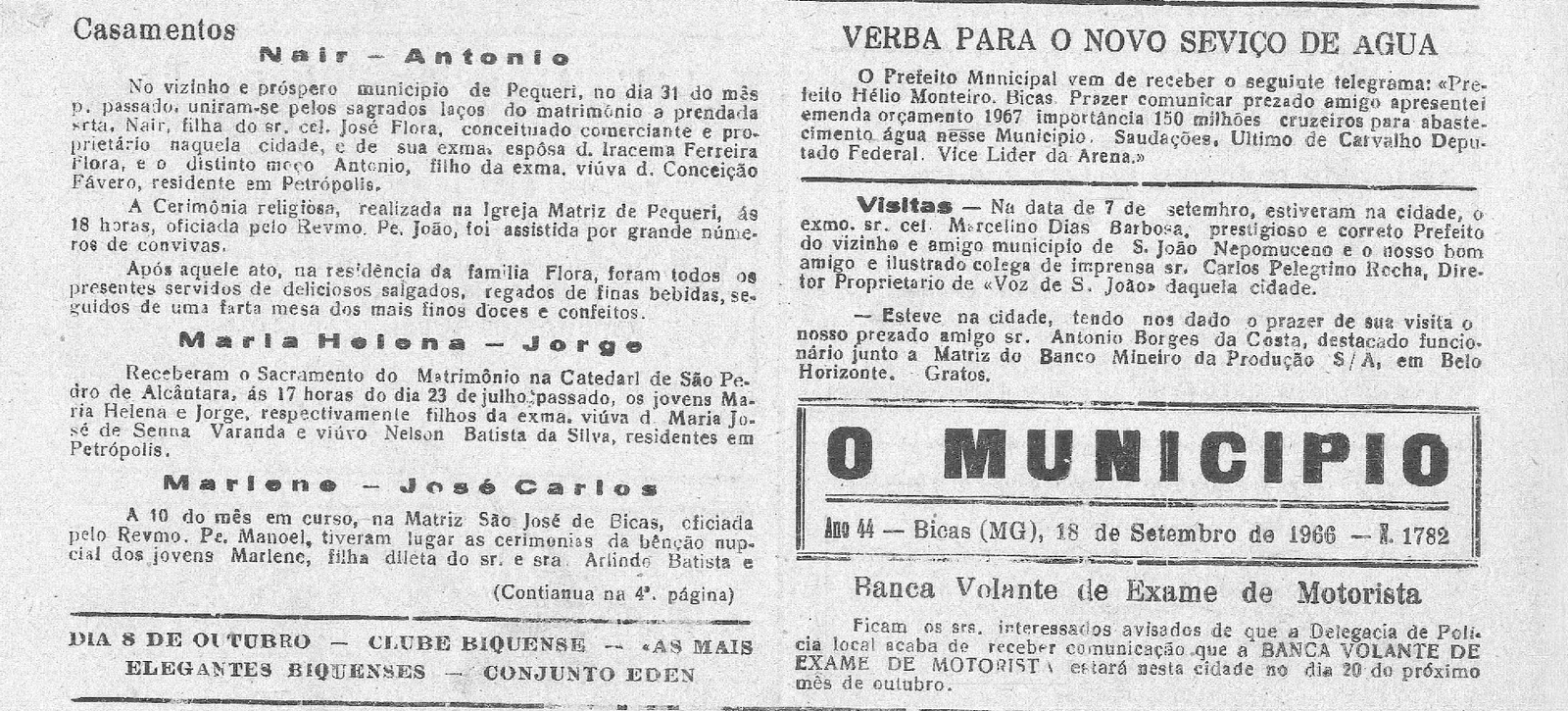 Leia mais sobre o artigo Há 60 anos, em 18/09/1966 O MUNICÍPIO publicava: 7 de setembro_Casamentos_Sindicato Rural de Bicas
