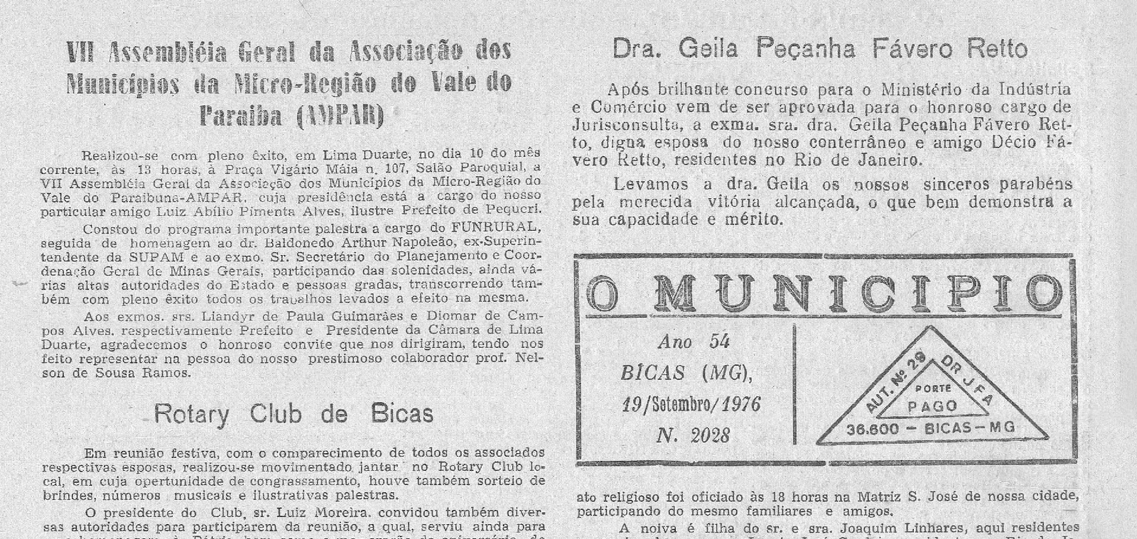Leia mais sobre o artigo Há 50 anos, em 19/09/1976 O MUNICÍPIO publicava: VII Assembleia Geral da AMPAR_Rotary Club_Casamentos_Aos conterrâneos