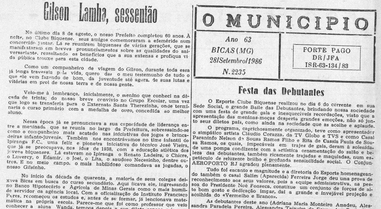 Leia mais sobre o artigo Há 40 anos, em  28/09/1986 O MUNICÍPIO publicava:  Gilson Lamha, Sessentão_Baile das Debutantes_Dia da Imprensa_Despedida – Reconhecimento