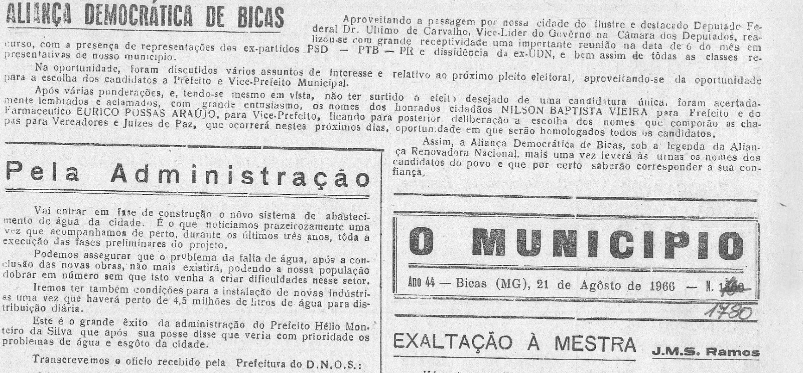 Leia mais sobre o artigo Há 60 anos, em 21/08/1966 O MUNICÍPIO publicava: Pela Administração_Exaltação à Mestra_Lions Clube_Falecimentos_Sociais