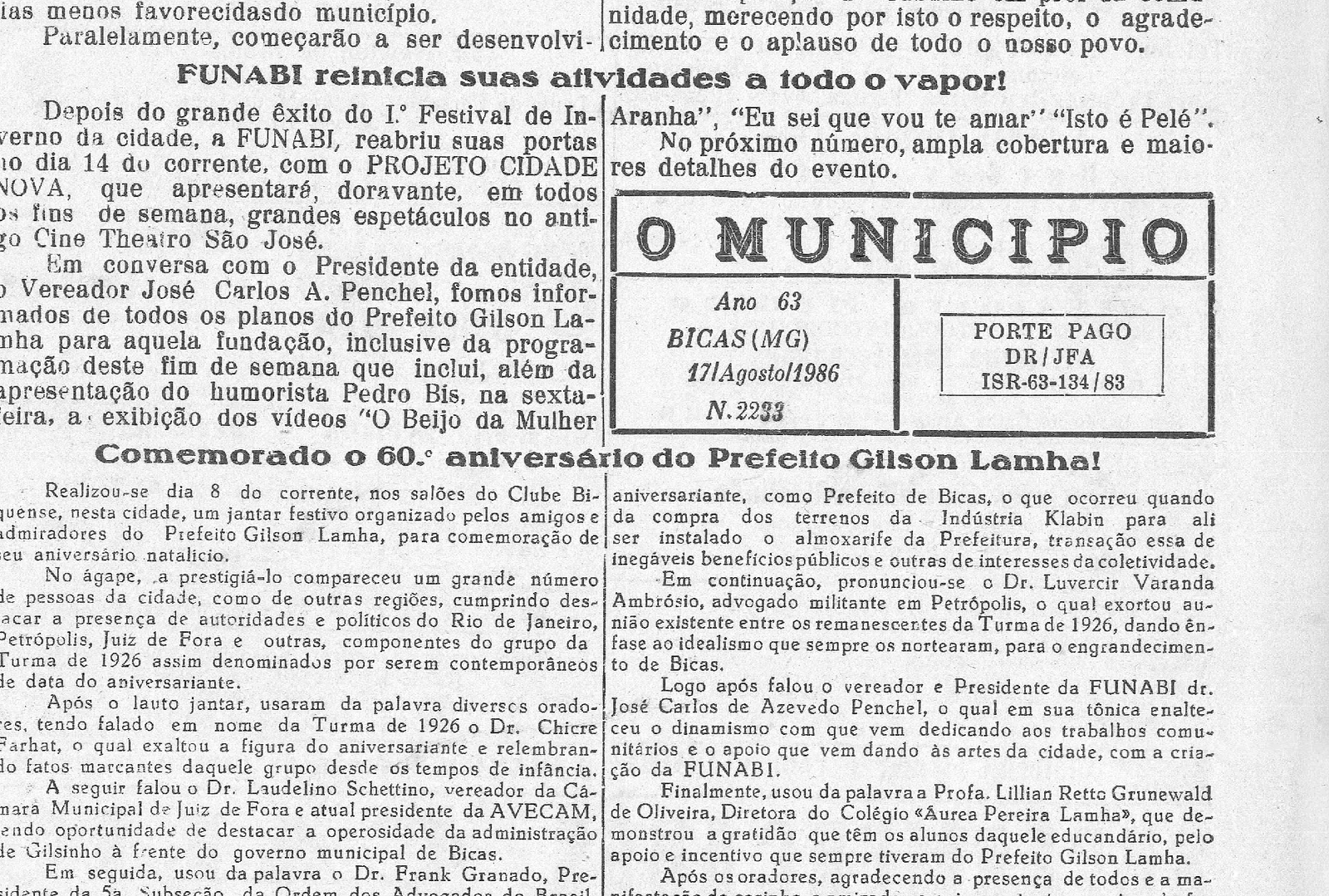 Leia mais sobre o artigo Há 40 anos, em 17/08/1986, O MUNICÍPIO publicava: Importantes Notícias da Prefeitura de Bicas_60 anos do Prefeito Gilson Lamha_XVI EXPO BICAS_Restaurante Fartura