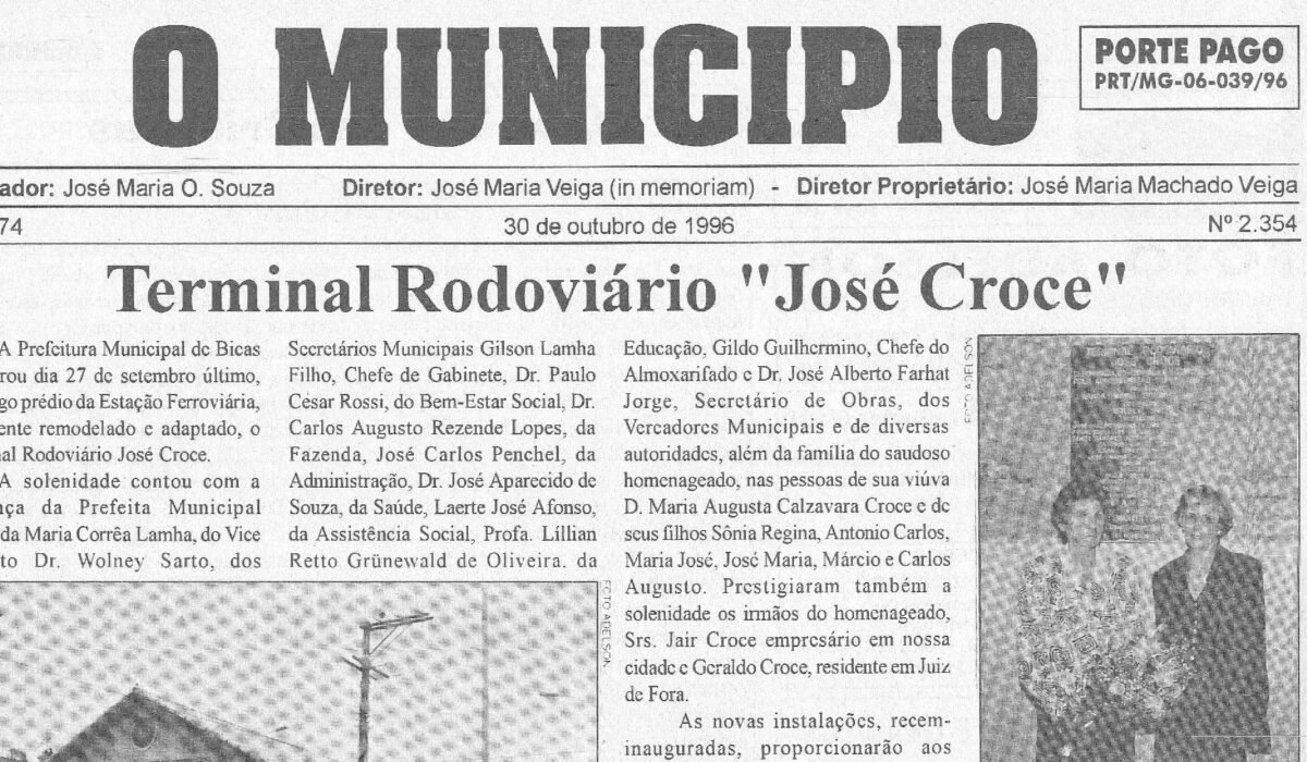 Há 30 anos, 30/10/1996, O MUNICÍPIO publicava: Terminal Rodoviário “José Croce” – Chicre Farhat, Júlio Vanni, Frank Granado, Pequeri em Foco, AABB, Há 50 Anos e Sociais