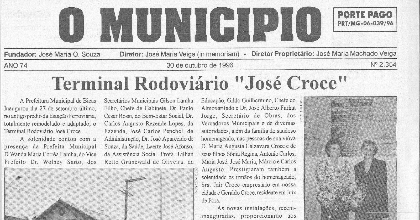 Há 30 anos, 30/10/1996, O MUNICÍPIO publicava: Terminal Rodoviário “José Croce” – Chicre Farhat, Júlio Vanni, Frank Granado, Pequeri em Foco, AABB, Há 50 Anos e Sociais