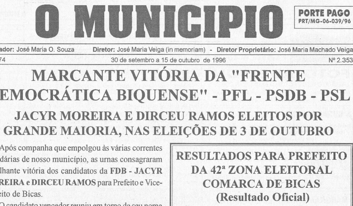 Há 30 anos, em 15/10/1996, O MUNICÍPIO publicava: Resultado completo das eleições municipais em Bicas, Guarará, Maripá de Minas e Pequeri – Emil Farhat  – Júlio Vanni  –  Pequeri em Foco – Festa Aplausos