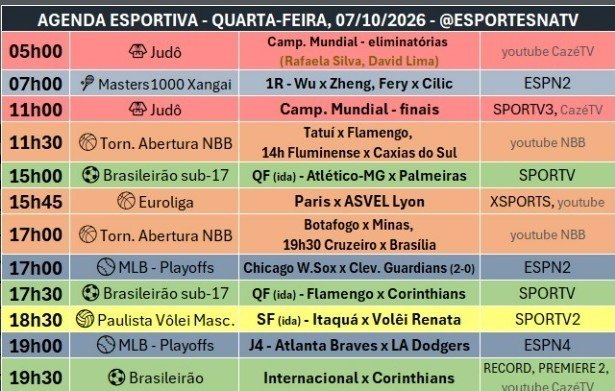 Agenda Esportiva_Quarta-feira_07/10/2026