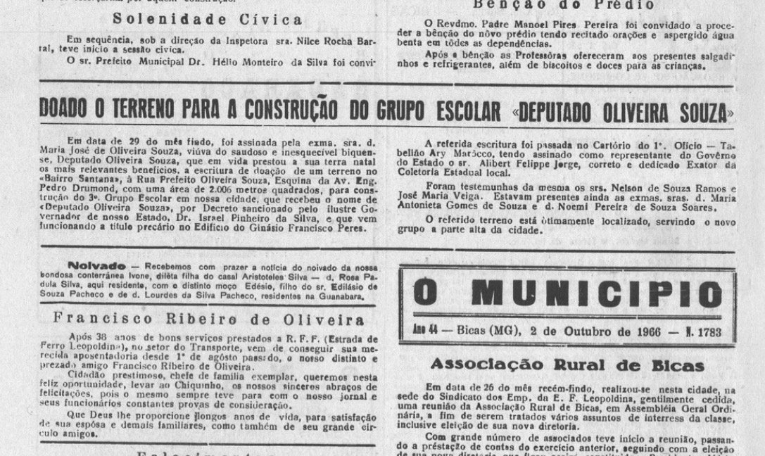 Há 60 anos, em 02/10/1966 O MUNICÍPIO publicava: Inauguração da Escola Rural de Santa Helena_Doado o terreno para construção do G. E. Dep. Oliveira Souza_Associação Rural de Bicas_Sociais