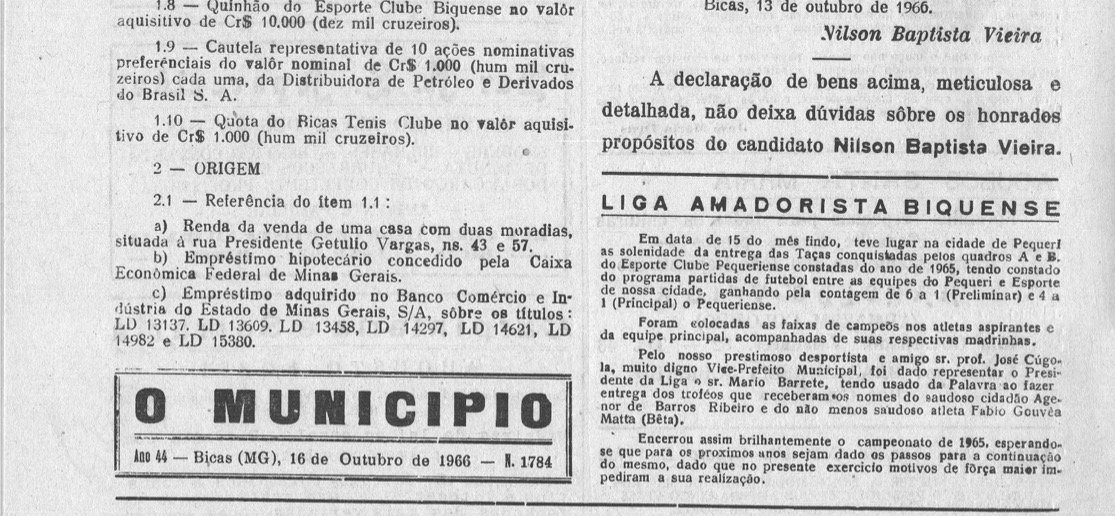 Há 60 anos, em 16/010/1966 O MUNICÍPIO PUBLICAVA: Declaração de bens do Sr. Nilson Batista Vieira – Liga Amadorista Biquense – Semana da Criança – Esporte Clube Biquense
