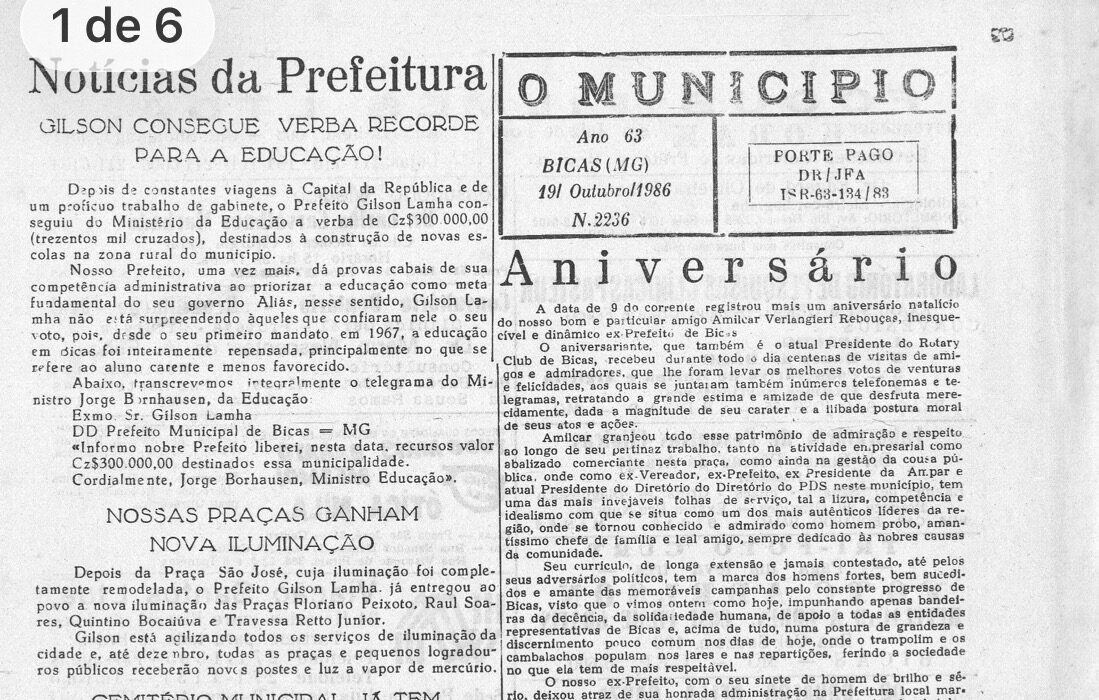 Há 40 anos, em 19/10/1986, O MUNICÍPIO publicava: Notícias da Prefeitura de Bicas – Aniversário de Amílcar Verlangieri Rebouças – Enlaces – Clube Biquense – Esporte X Leopoldina