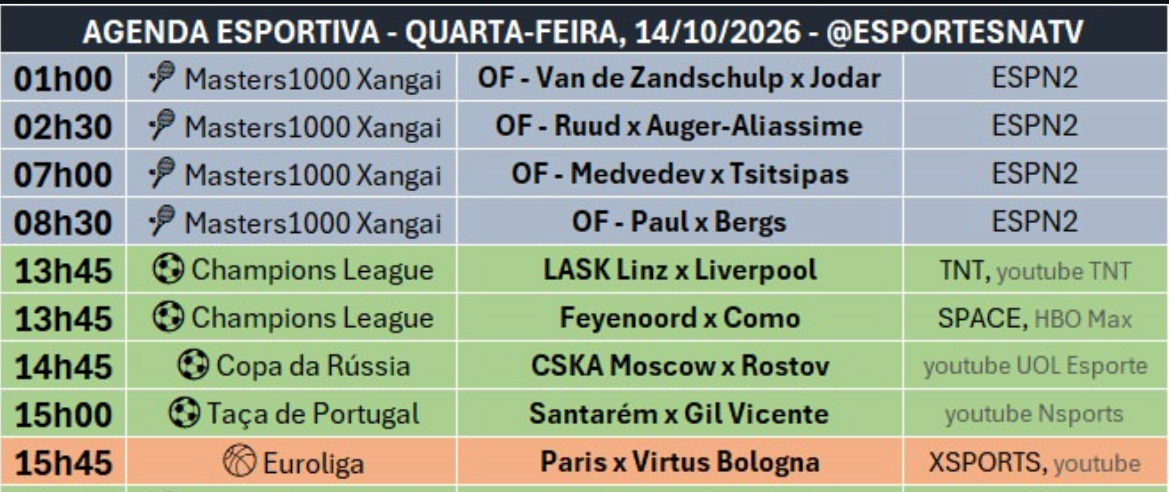Agenda Esportiva desta Quarta-Feira, 14/10/2026